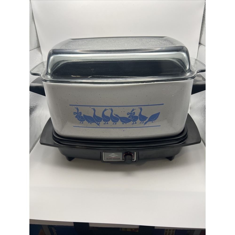 Vintage West Bend 4 Qt Slow Cooker Set Geese Pattern Speckled Glass Lid